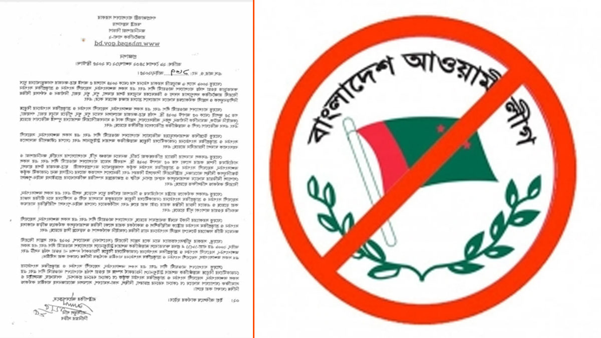 প্রজ্ঞাপনের ছবি ও আওয়ামী লীগের লোগো। ছবি-সংগৃহীত আওয়ামী লীগের কার্যক্রম নিষিদ্ধ করে প্রজ্ঞাপন জারি